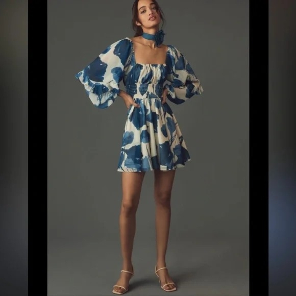 Hutch Blue and White Puff Sleeve Jumpsuit